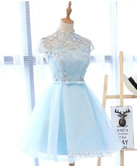 Blue tulle lace short Evening Prom Dresses, blue tulle lace homecoming Dresses