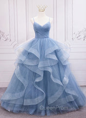 Blue Tulle Layers Long Party Dresses Evening Prom Dresses, Sweet 16 Dresses