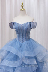 Blue Tulle Layers Long Evening Prom Gown, A-Line Blue Evening Dresses