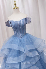 Blue Tulle Layers Long Evening Prom Gown, A-Line Blue Evening Dresses