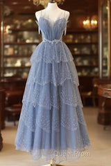 Blue Tulle Layers Straps Beaded Long Evening Prom Dresses, Blue A-Line Evening Dresses