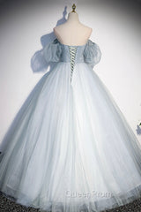 Blue Tulle Long A-Line Ball Gown, Off the Shoulder Evening Dresses