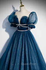 Blue Tulle Long A-Line Evening Prom Dresses, A-Line Short Sleeve Evening Dresses