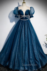 Blue Tulle Long A-Line Evening Prom Dresses, A-Line Short Sleeve Evening Dresses