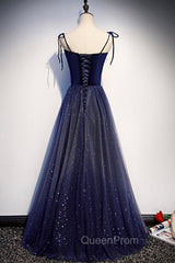 Blue Tulle Long A-Line Evening Prom Dresses, Blue Spaghetti Strap Evening Party Dresses