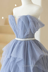 Blue Tulle Long A-Line Evening Prom Dresses, Cute Strapless Graduation Dresses