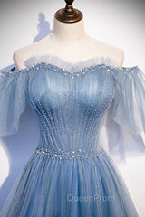 Blue Tulle Long A-Line Evening Prom Dresses, Off the Shoulder Evening Party Dresses