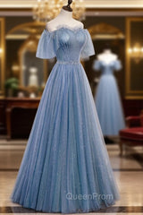 Blue Tulle Long A-Line Evening Prom Dresses, Off the Shoulder Evening Party Dresses