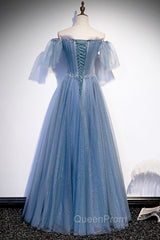 Blue Tulle Long A-Line Evening Prom Dresses, Off the Shoulder Evening Party Dresses