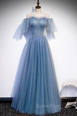Blue Tulle Long A-Line Evening Prom Dresses, Off the Shoulder Evening Party Dresses