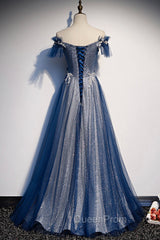Blue Tulle Long A-Line Evening Prom Dresses, Off the Shoulder Evening Party Dresses