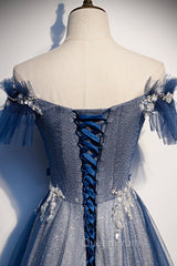 Blue Tulle Long A-Line Evening Prom Dresses, Off the Shoulder Evening Party Dresses