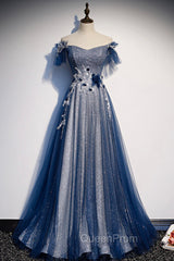 Blue Tulle Long A-Line Evening Prom Dresses, Off the Shoulder Evening Party Dresses
