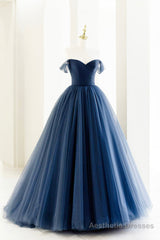 Blue Tulle Long A-Line Prom Dress, Off the Shoulder Formal Evening Dress