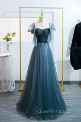 Blue Tulle Long A-Line Evening Prom Dresses, Simple Sweetheart Neckline Evening Party Dresses