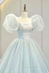 Blue Tulle Long A-Line Evening Prom Dresses with Sequins, Lovely Puff Sleeve Evening Gown