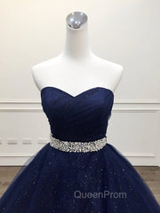 Blue Tulle Long Evening Gown Party Dresses, Navy Blue Sweet 16 Gown