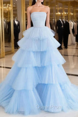 Blue Tulle Long Evening Prom Dresses, Blue Tulle Ball Gown Evening Dresses