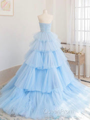 Blue tulle long Evening Prom Dresses, blue tulle evening Dresses