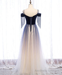 Blue Tulle Long Prom Dress Blue Tulle Formal Dress with Beading Velvet