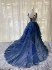 Blue Tulle Long Evening Prom Dresses, Blue Tulle Long Evening Dresses