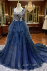 Blue Tulle Long Evening Prom Dresses, Blue Tulle Long Evening Dresses
