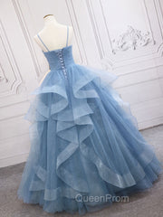Blue Tulle Long Evening Prom Dresses, Blue Tulle Evening Dresses Sweet 16 Dresses
