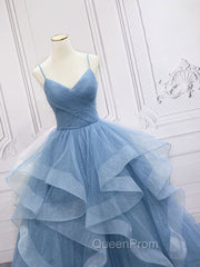 Blue Tulle Long Evening Prom Dresses, Blue Tulle Evening Dresses Sweet 16 Dresses