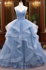 Blue Tulle Long Evening Prom Dresses, Blue Tulle Evening Dresses Sweet 16 Dresses