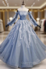Blue Tulle Long Sleeve Off the Shoulder Evening Prom Dresses