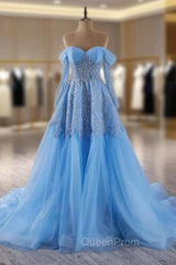 Blue Tulle Long Sleeve Sequins Beading Evening Prom Dresses