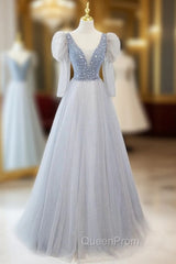 Blue Tulle Long Sleeve V-neck Beading Evening Prom Dresses