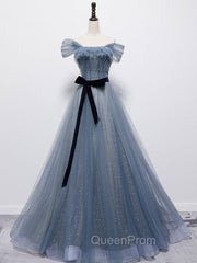 Blue Tulle Off Shoulder Sequin Long Evening Prom Dresses Blue Evening Dresses