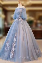 Blue Tulle Off Shoulder with Lace Floral Long Party Dresses, Cute Party Dresses Evening Prom Dresses