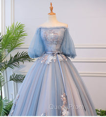 Blue Tulle Off Shoulder with Lace Floral Long Party Dresses, Cute Party Dresses Evening Prom Dresses
