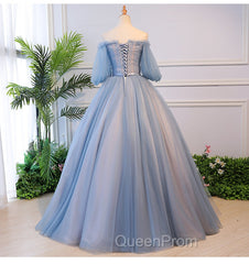 Blue Tulle Off Shoulder with Lace Floral Long Party Dresses, Cute Party Dresses Evening Prom Dresses