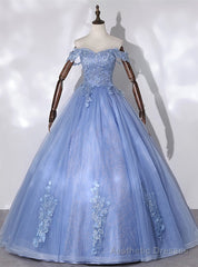Blue Tulle Off the Shoulder Appliques Beading Quinceanera Dress