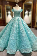 Blue Tulle Off the Shoulder Appliques Evening Prom Dresses
