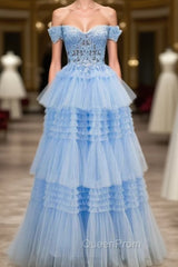 Blue Tulle Off the Shoulder Appliques Tiers Evening Prom Dresses