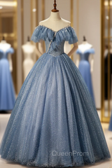 Blue Tulle Off the Shoulder Pearls Quinceanera Dresses