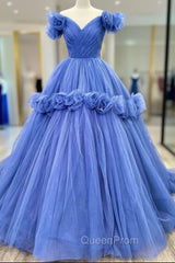 Blue Tulle Off the Shoulder Pleats Flower Evening Prom Dresses