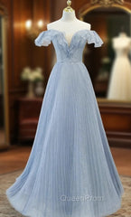 Blue Tulle Pleats Sequins Off the Shoulder Evening Prom Dresses