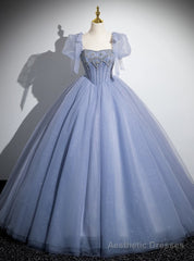 Blue Tulle Puff Sleeve Beading Princess Quinceanera Dress