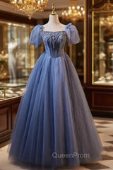 Blue Tulle Puff Sleeve Beading Evening Prom Dresses