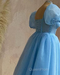 Blue Tulle Puffy Sleeve Midi Dresses
