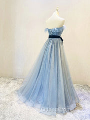 Blue Tulle Sequin Long Evening Prom Dresses A Line Tulle Blue Evening Dresses