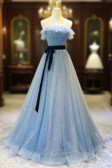 Blue Tulle Sequin Long Evening Prom Dresses A Line Tulle Blue Evening Dresses