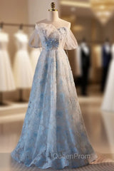 Blue Tulle Sequins Beading Evening Prom Dresses