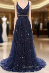 Blue Tulle Sequins Bling Bling V-neck Long Evening Prom Party Dresses
