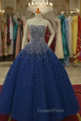 Blue Tulle Sequins Long Ball Gown Evening Dresses, Sparkle Blue Quinceanera Dresses